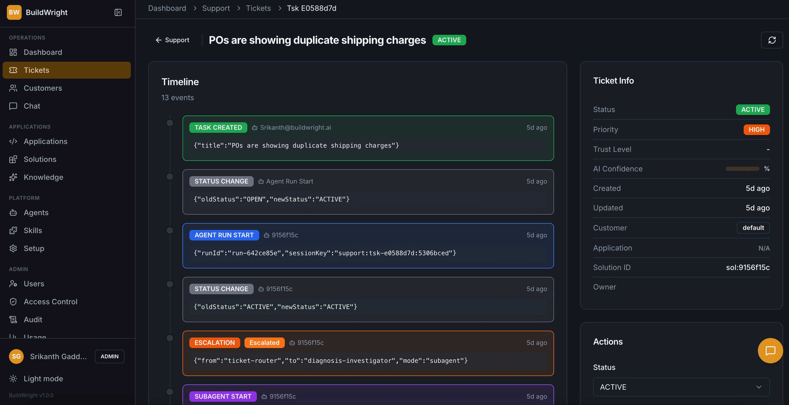 BuildWright support ticket view with timeline of task, agent, escalation, and subagent events