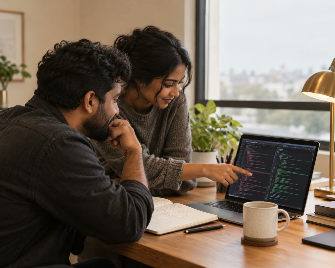 Two engineers at a desk checking code together, one pointing at a line on the laptop screen