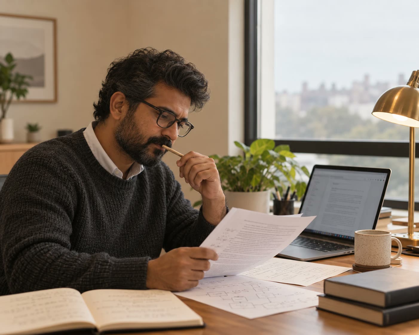 A founder at his desk reading a printed draft with diagrams, pencil in hand