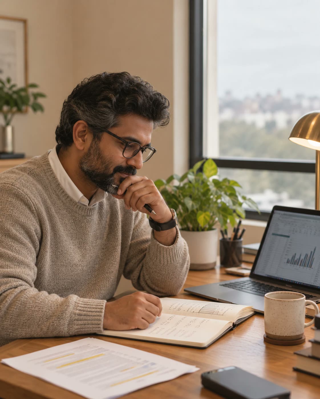 An engineering leader at a desk thinking through handwritten sums in a notebook, with a chart open on his laptop