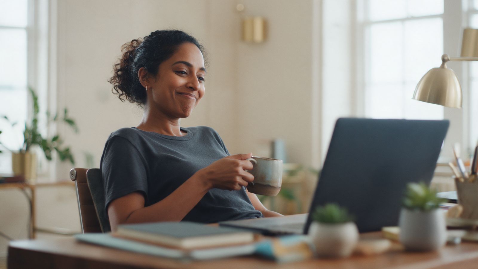 An engineer leaning back with a relieved smile and a coffee, looking at her laptop