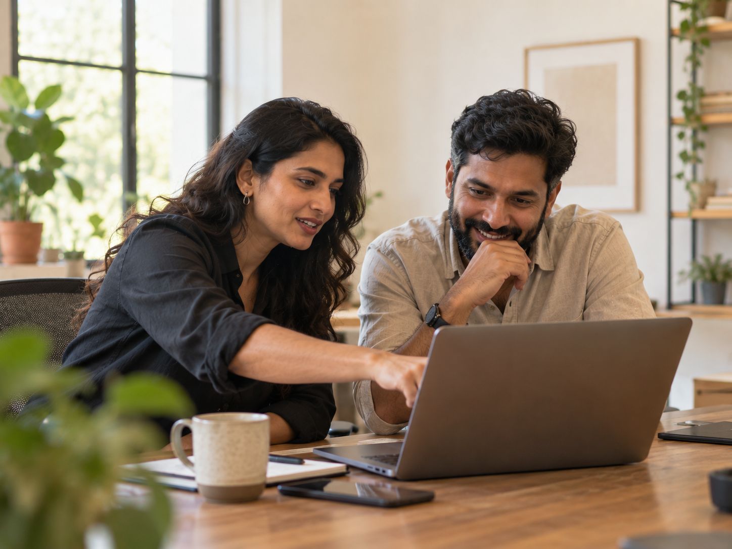Two colleagues reviewing work together on a laptop