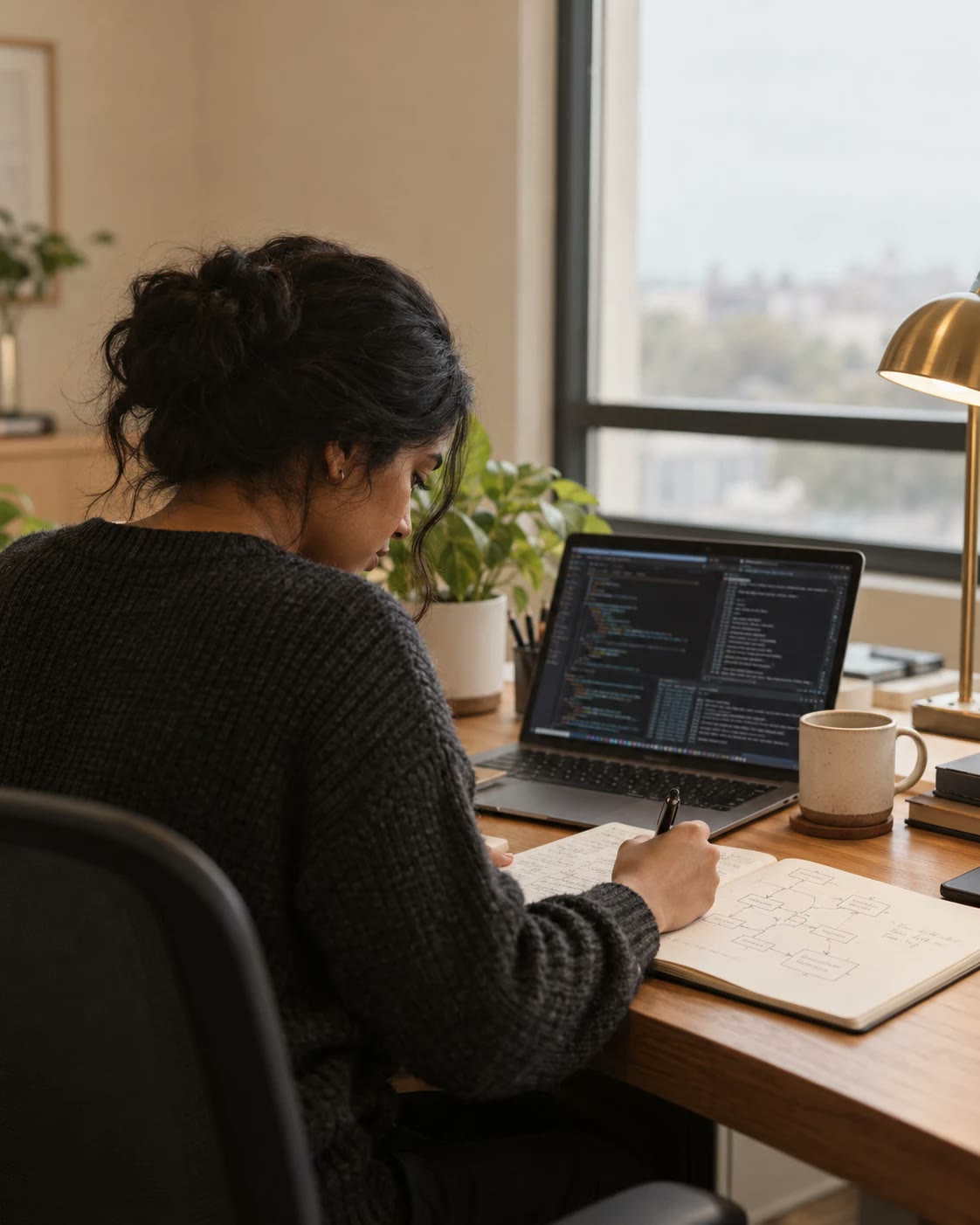 An engineer at a wooden desk drawing a flow diagram by hand in a notebook, with code open on her laptop